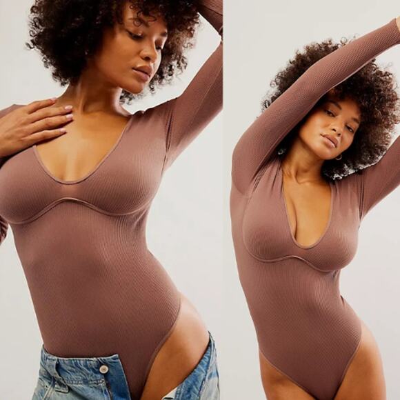 Intimately Free People Meg Seamless V-Neck Long-Sleeve Bodysuit Brown Womens M/L - Picture 1 of 7